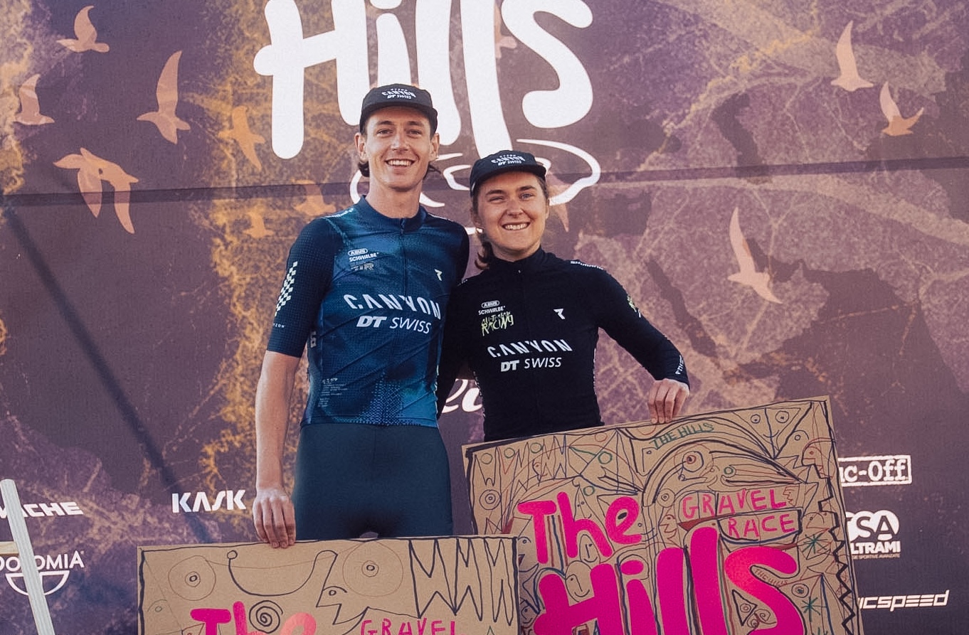 Bradyn Lange and Larissa Hartog, both riding for Canyon x DT Swiss All-Terrain Racing, celebrate victories in elite divisions at 2026 The Hills