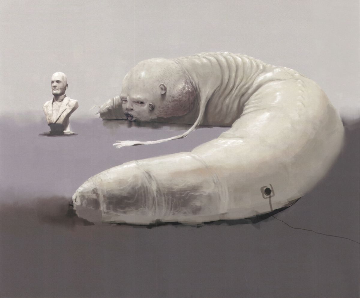 a slug, worm creature laid out in a grey void next to a marble bust