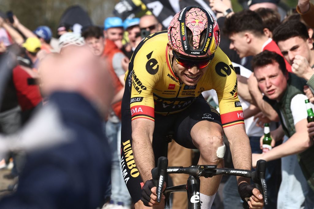 JumboVisma teams Belgian rider Wout Van Aert cycles over the cobblestone sector during the 120th edition of the ParisRoubaix oneday classic cycling race between Compiegne and Roubaix northern France on April 9 2023 Photo by AnneChristine POUJOULAT AFP Photo by ANNECHRISTINE POUJOULATAFP via Getty Images