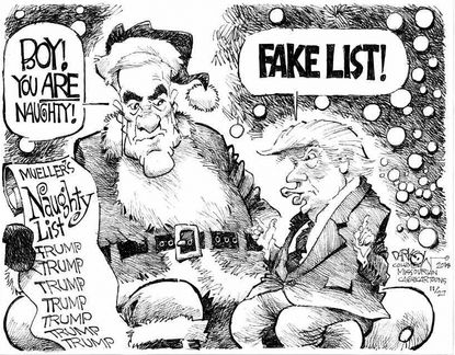 Political cartoon U.S. Trump Robert Mueller probe Santa naughty list fake news