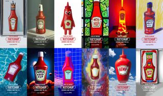 12 versions of a Heinz ketchup bottle designed by AI