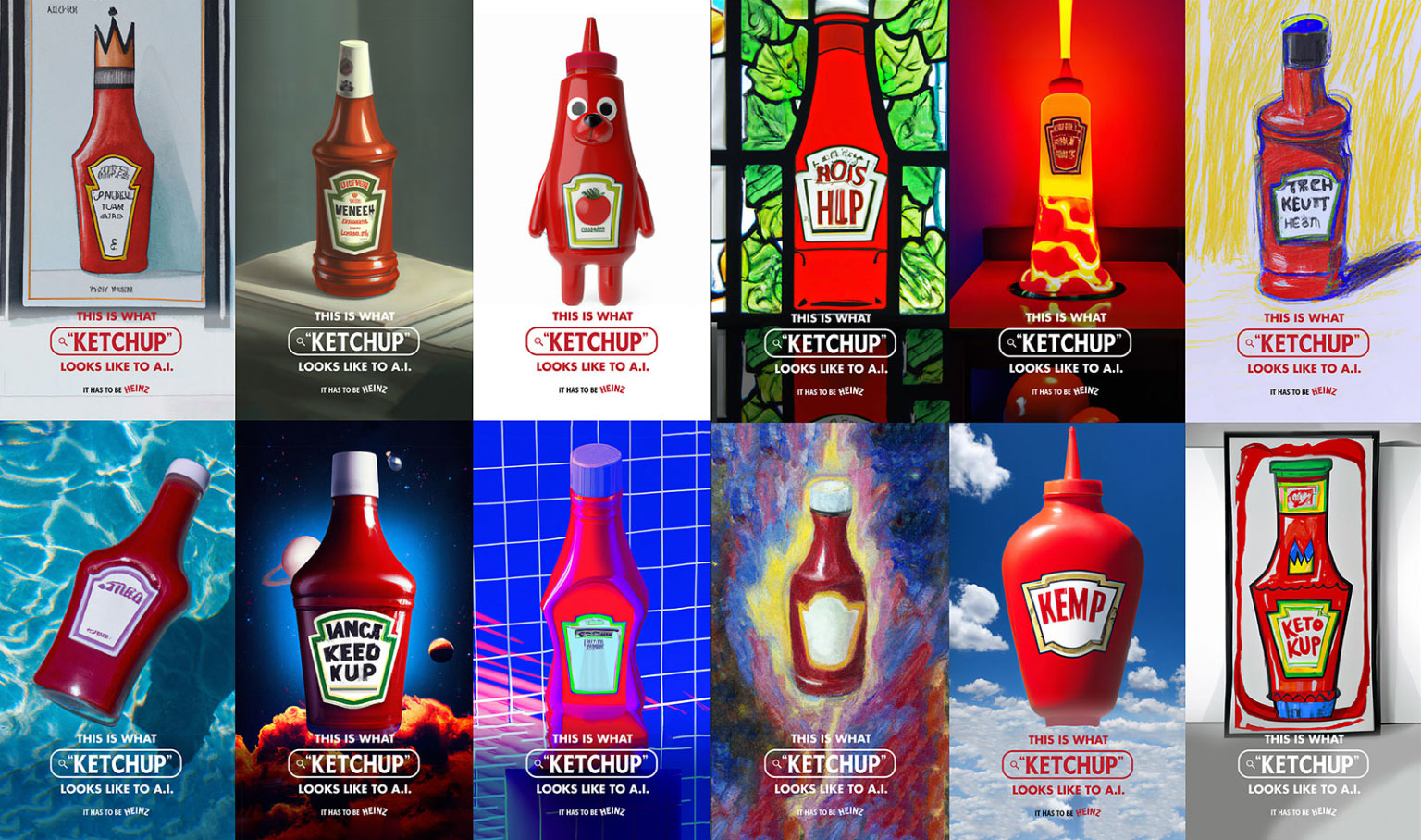 12 versions of the Heinz ketchup bottle designed by AI