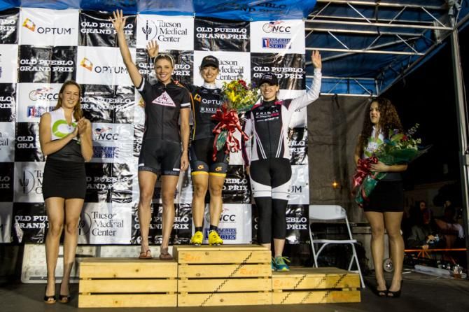 Old Pueblo Grand Prix women's podium (L-R): Erica Allar (Care4Cycling p/b Solomon), 2nd; Leah Kirchmann ((Optum p/b Kelly Benefit Strategies), 1st; Joanie Caron (Primal Pro Women p/b BH), 3rd