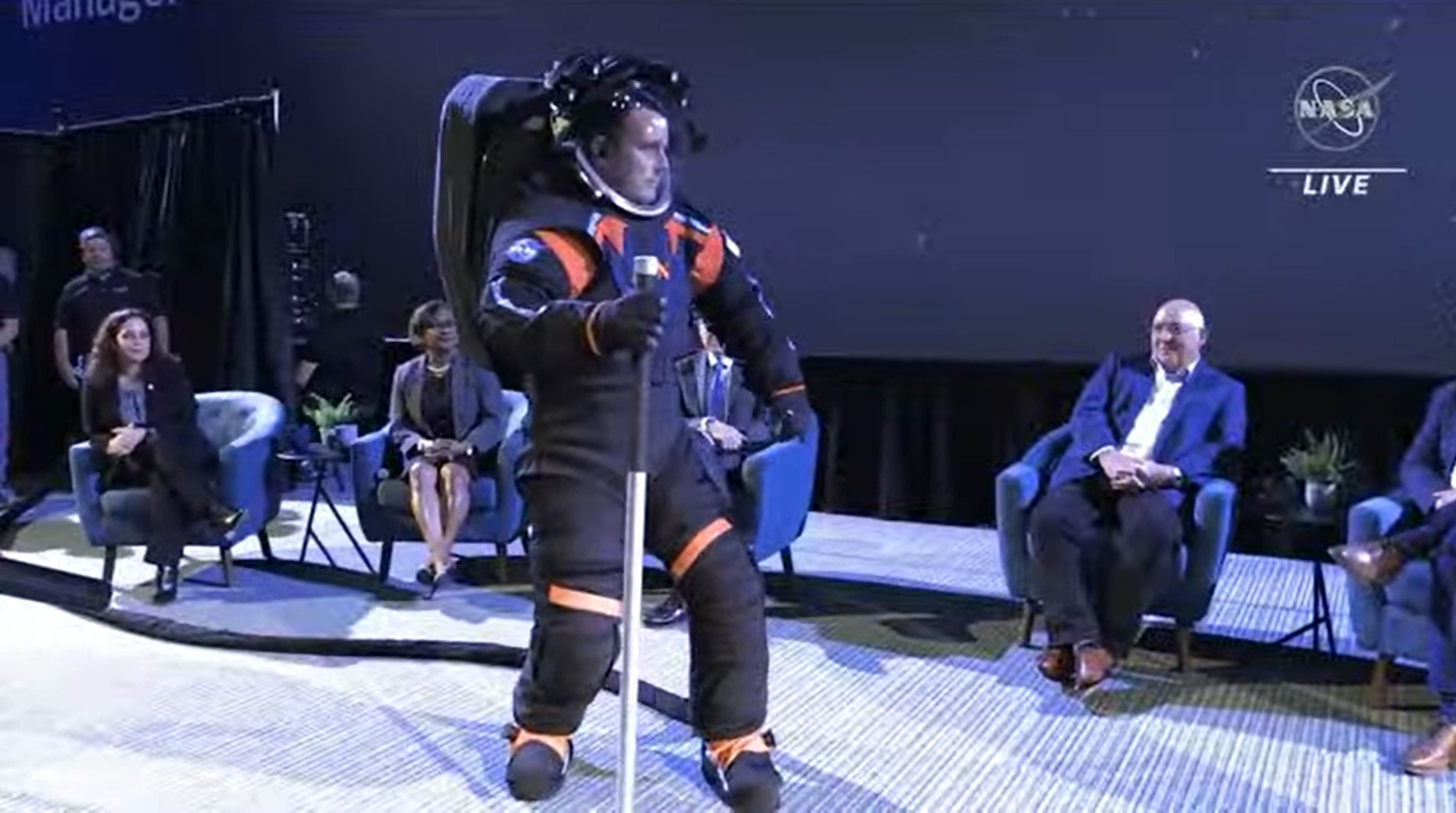 Axiom Space's Jim Stein in the company's Artemis moon spacesuit during a reveal event.