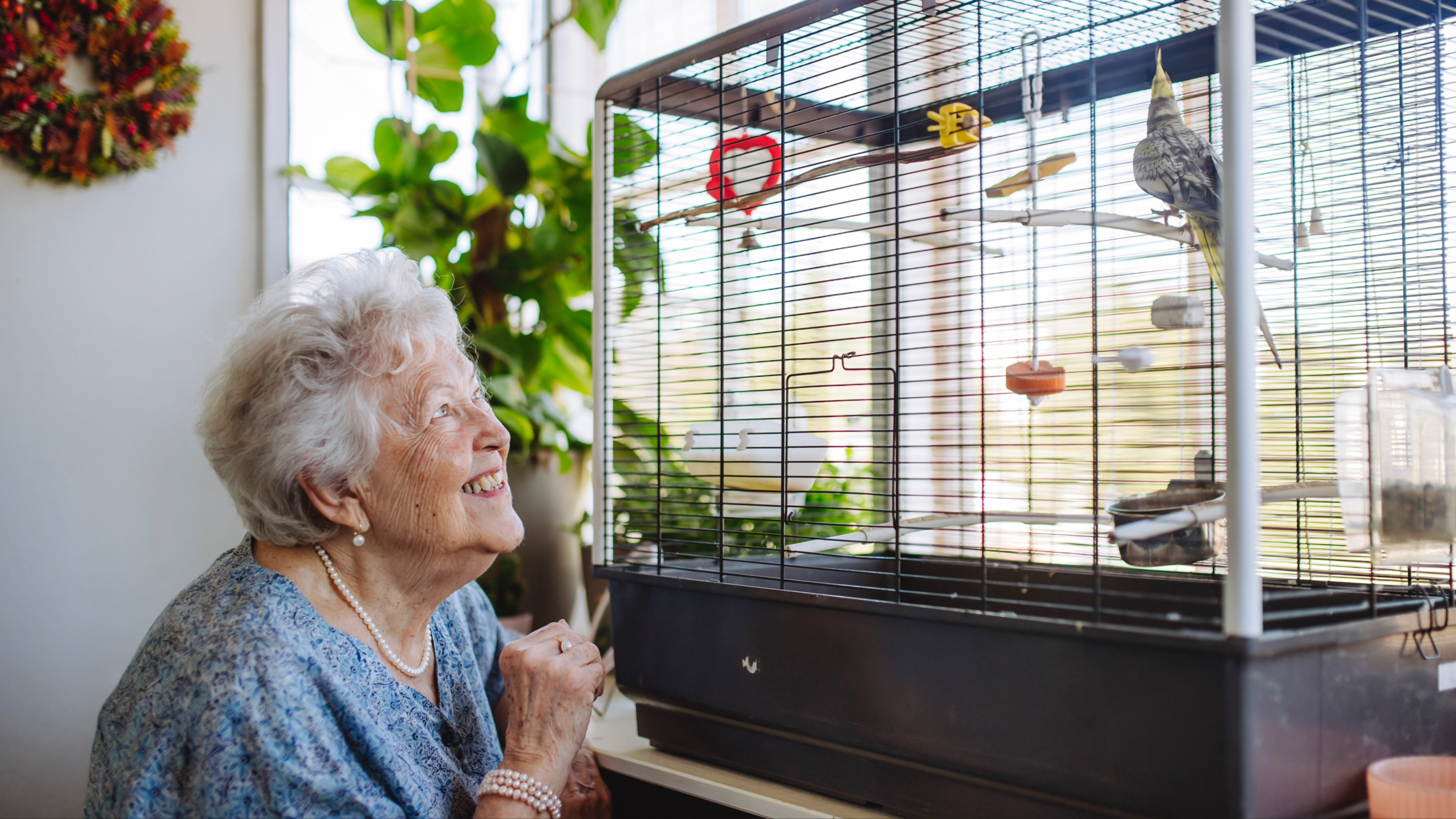 Smiling senior woman sat beside bird cage