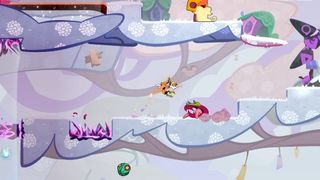 Disney Illusion Island screenshot showcasing Goofy jumping across a snowy level