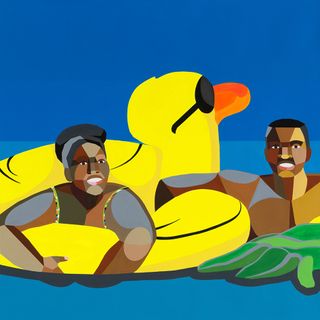 Artwork of a family in a pool