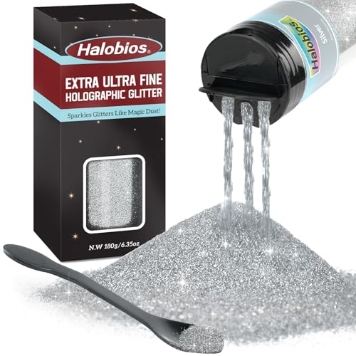Halobios Extra Fine Glitter, Holographic Silver Glitter, 6.35oz(180g) Ultra Fine Craft Glitters, 1/128quot; Resin Glitter Powder for Hair Body, Nails, Arts and Diy Crafts Decoration