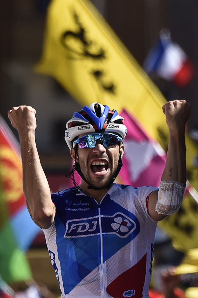 Thibaut Pinot celebrates winning stage 20 of the 2015 Tour de France