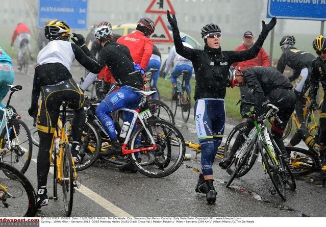 Matt Goss waves his arms after an early crash