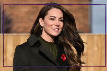 Catherine, Princess of Wales smiles and wears a poppy as she visits Colham Manor Children&#039;s Centre with the Maternal Mental Health Alliance on November 09, 2022 in Uxbridge, England. 