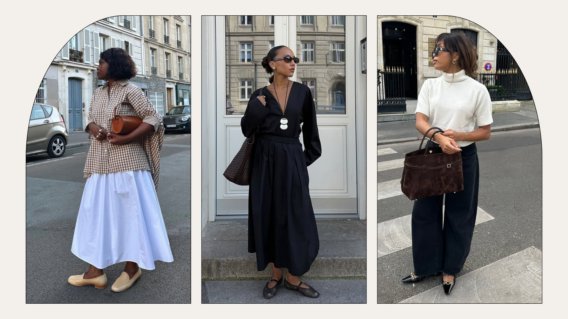 Three different mild autumn outfits featuring skirts, dresses and trousers
