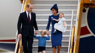 Prince William, Duke of Cambridge, Prince George of Cambridge, Catherine, Duchess of Cambridge and Princess Charlotte of Cambridge arrive at 443 Maritime Helicopter Squadron on September 24, 2016 in Victoria, Canada