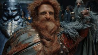 Prince Durin IV (Owain Arthur) flanked by dwarves as seen in "The Rings of Power" season 1