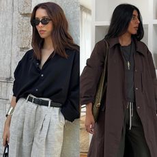 a collage of woman's outfits showing the best summer-to-fall transition items