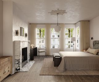 Neutral bedroom with large windows