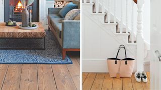 collage of images showing exposed floorboards in a living room and hallway to show where to use floorboard insulation