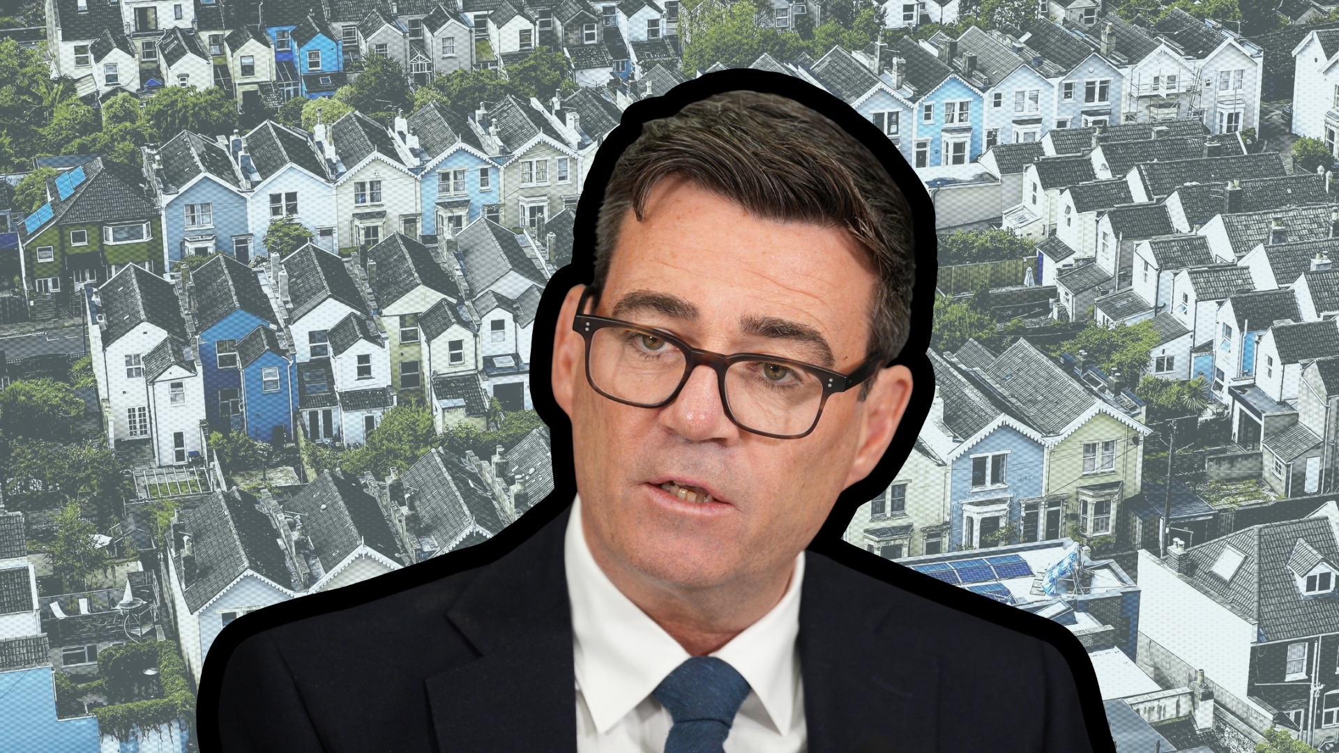 Prime minister Andy Burnham on top of photo of streets of houses.