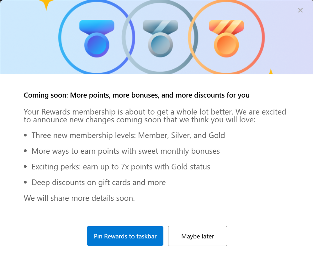 Promo image shows new Rewards tiers Member, Silver, Gold, with bonus points, discounts, perks up to 7x earnings, and options to pin or dismiss the prompt