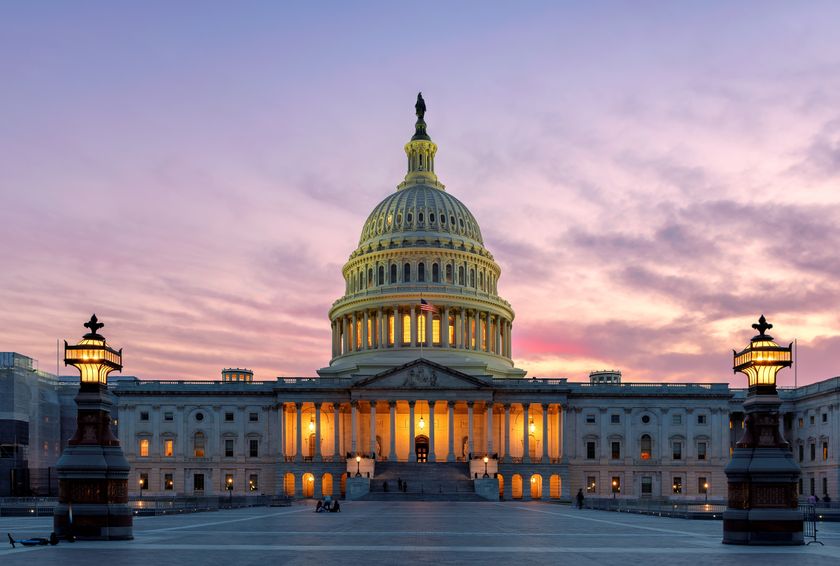 The United States Capitol Building at sunset in Washington DC, USA.