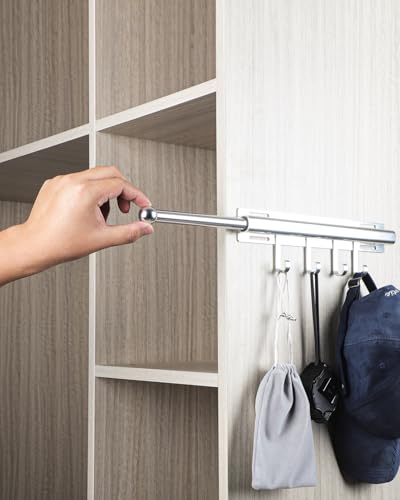 Bainong 12 Inch Valet Rod for Closets Pull Out Closet Valet Rod Slide Out With 4 Hooks Silver Pull Out Clothes Hanger Closet Organization and Storage