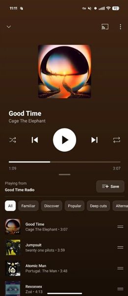 YouTube Music's Now Playing features a dual-pane system now, which lets users swipe up from the bottom to view a few "up next" songs.