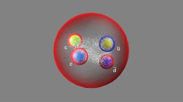 An artist&#039;s impression of the new particle, called Tcc+, which is made up of two charm quarks, an up antiquark and a down antiquark.