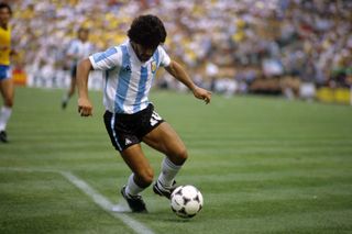 Diego Maradona in action for Argentina against Brazil at the 1982 World Cup in Spain