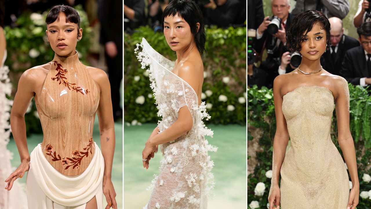 a collage of taylor russell, greta lee, and tyla at the 2024 met gala