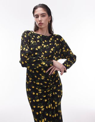 Topshop Ruch Front Detail Midi Dress in Yellow Floral