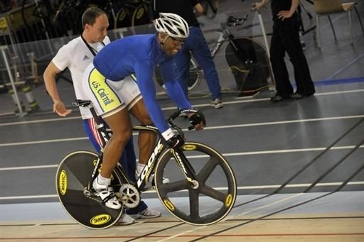 French Team member Gregory Bauge practices his standing start in Copenhagen.