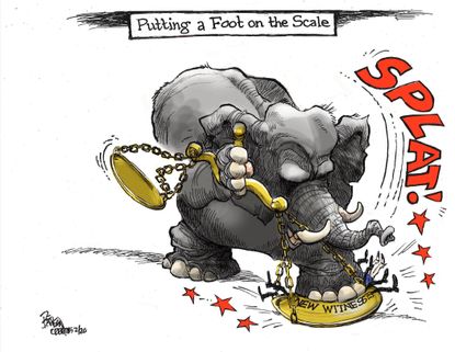 Political Cartoon U.S. GOP unbalanced scale witnesses impeachment