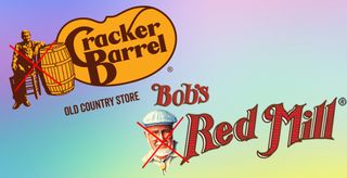 Cracker Barrel logo and the old Bob's Red Mill logo design on a rainbow background
