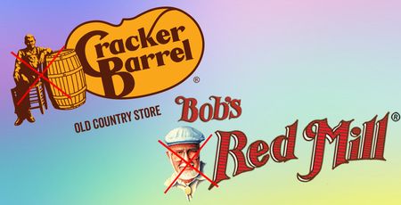 Cracker Barrel logo and the old Bob's Red Mill logo design on a rainbow background