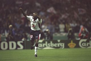 10 Sep 1997: Ian Wright of England celebrates a goal during the World Cup Qualifier against Moldova at Wembley Stadium in London, England. England won the match 4-0. \ Mandatory Credit: Clive Brunskill /Allsport