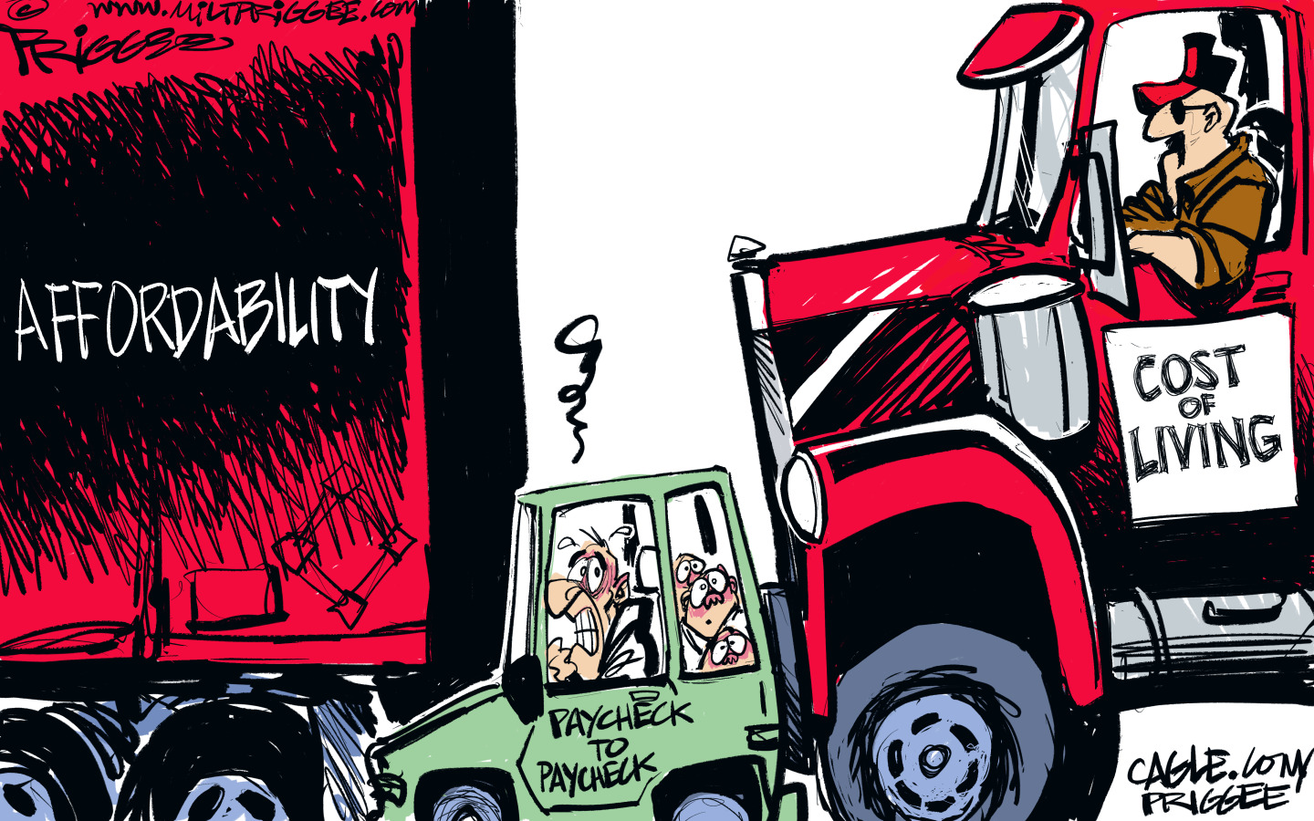 A small car filled with four terrified, wide-eyed people is labeled &amp;ldquo;paycheck to paycheck.&amp;rdquo; They are being crushed between two trucks. The one on the left is &amp;ldquo;Affordability&amp;rdquo; and the one on the right is &amp;ldquo;Cost of Living.&amp;rdquo;