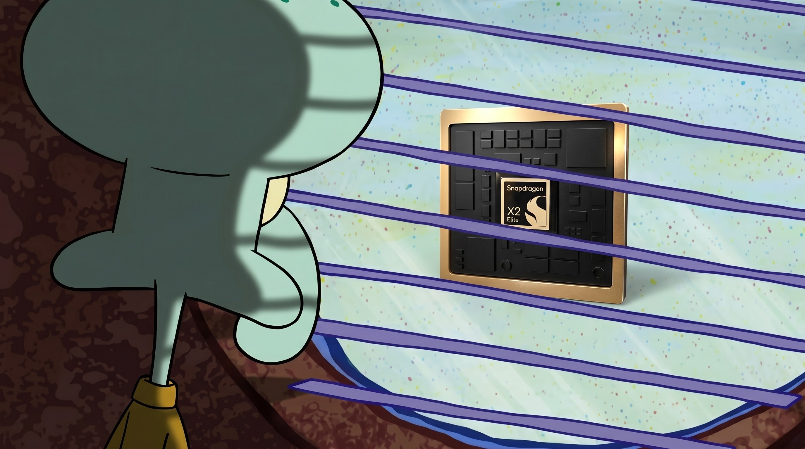 An animated character with a large nose looks out of a window at a microchip labeled "Snapdragon X2." Blue stripes and a warm color palette set a humorous tone.