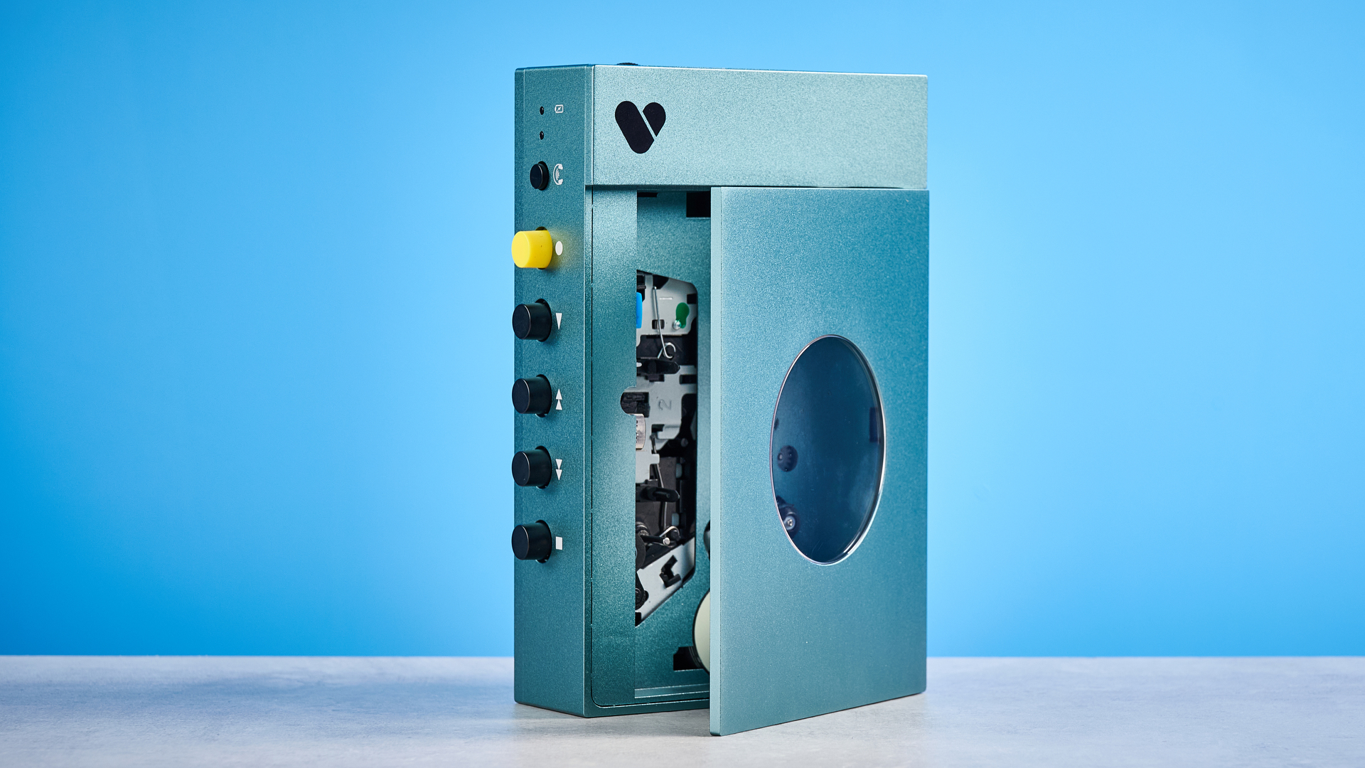 We Are Rewind Cassette Player in blue photographed in front of a blue background