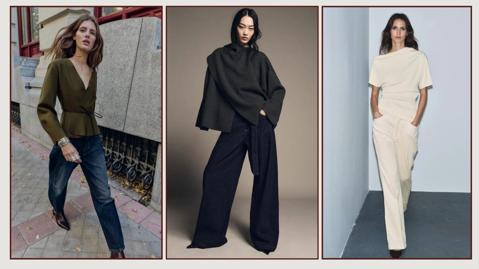 Woman wears green belted cardigan and blue jeans; woman wears scarf cape and tailored trousers; woman wears cream drape top and cream trousers