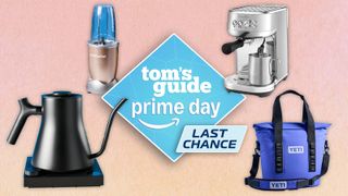 a pink background image with a nutribullet, fellow kettle, yeti bag, breville bambino plus, with a last chance tom's guide prime day badge