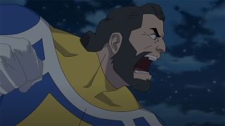 Still from the adult animated superhero T.V. show Invincible. A muscle man is about to throw a punch. He has short dark hair, side burns and a beard. In the background is a cloudy night sky with twinkling stars.