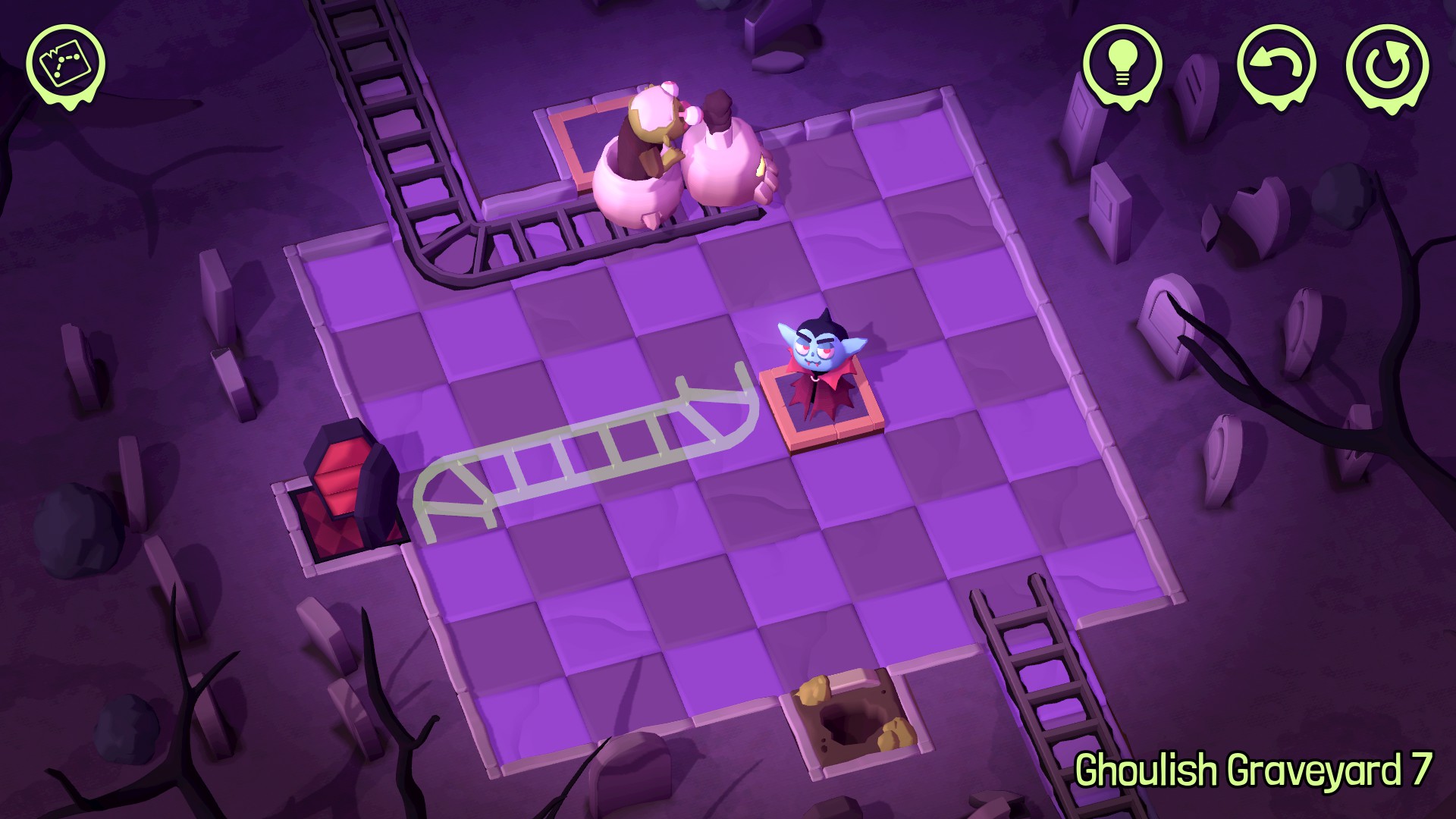 Spooky Express screenshot showing a board with a little skeleton train and some vampire passengers. A green translucent train track can be seen hinting at the direction the track has to go in at a certain point