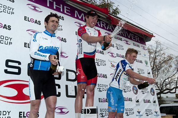 Stage five podium (l-r): Rico Rogers (2nd,Swan Hill Rural City Council), Scott Law (1st,Virgin Blue/RBS Morgans), and Nicholas Walker (3rd,Jayco/VIS).