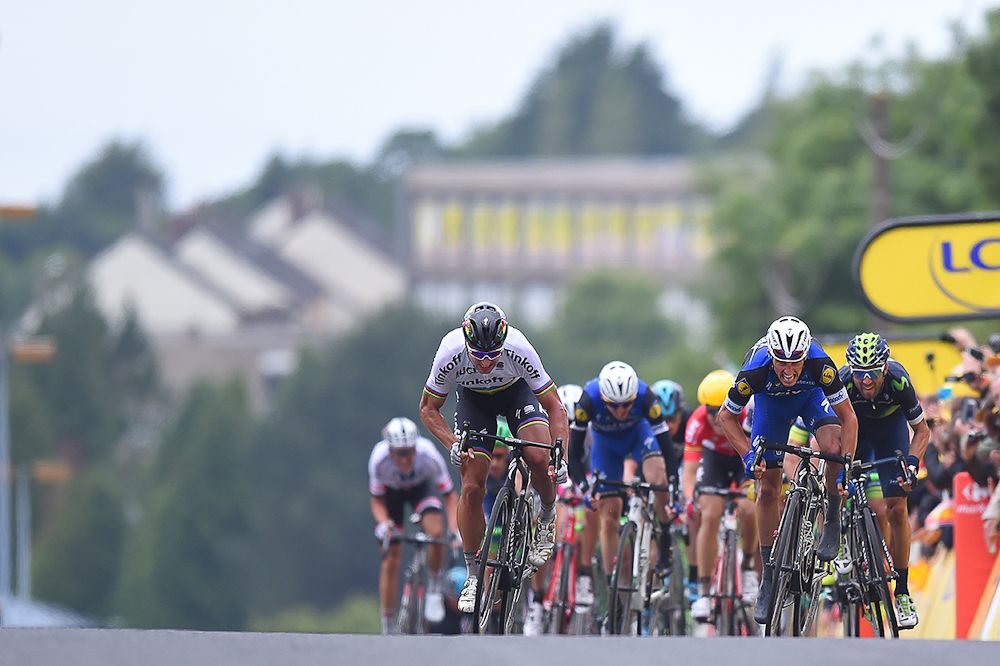 Peter Sagan passes Julian Alaphilippe to win stage 2 at he Tour de France.