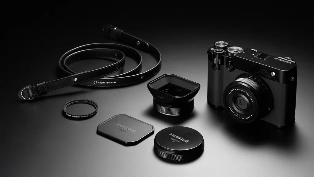 The Fujifilm GFX100RF Fragment Edition on a black background