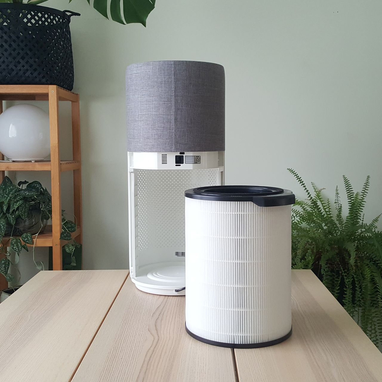 The Philips 3000i Series AC303330 Connected Air Purifier on a wooden table in a green room with indoor plants