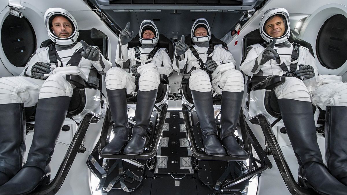 The crew of Axiom Space&#039;s Ax-1 mission pose for a photo inside a SpaceX Crew Dragon spacecraft while training. They are: (from left) Mark Pathy; Larry Connor; Michael López-Alegría; and Eytan Stibbe.