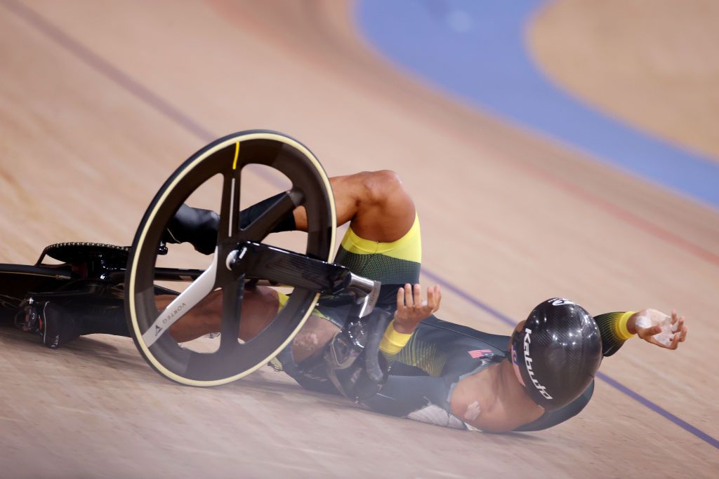 IZU JAPAN AUGUST 07 Muhammad Shah Firdaus Sahrom of Team Malaysia reacts after falling during the Mens Keirin first round heat 2 of the track cycling on day filthen of the Tokyo 2020 Olympic Games at Izu Velodrome on August 07 2021 in Izu Shizuoka Japan Photo by Justin SetterfieldGetty Images