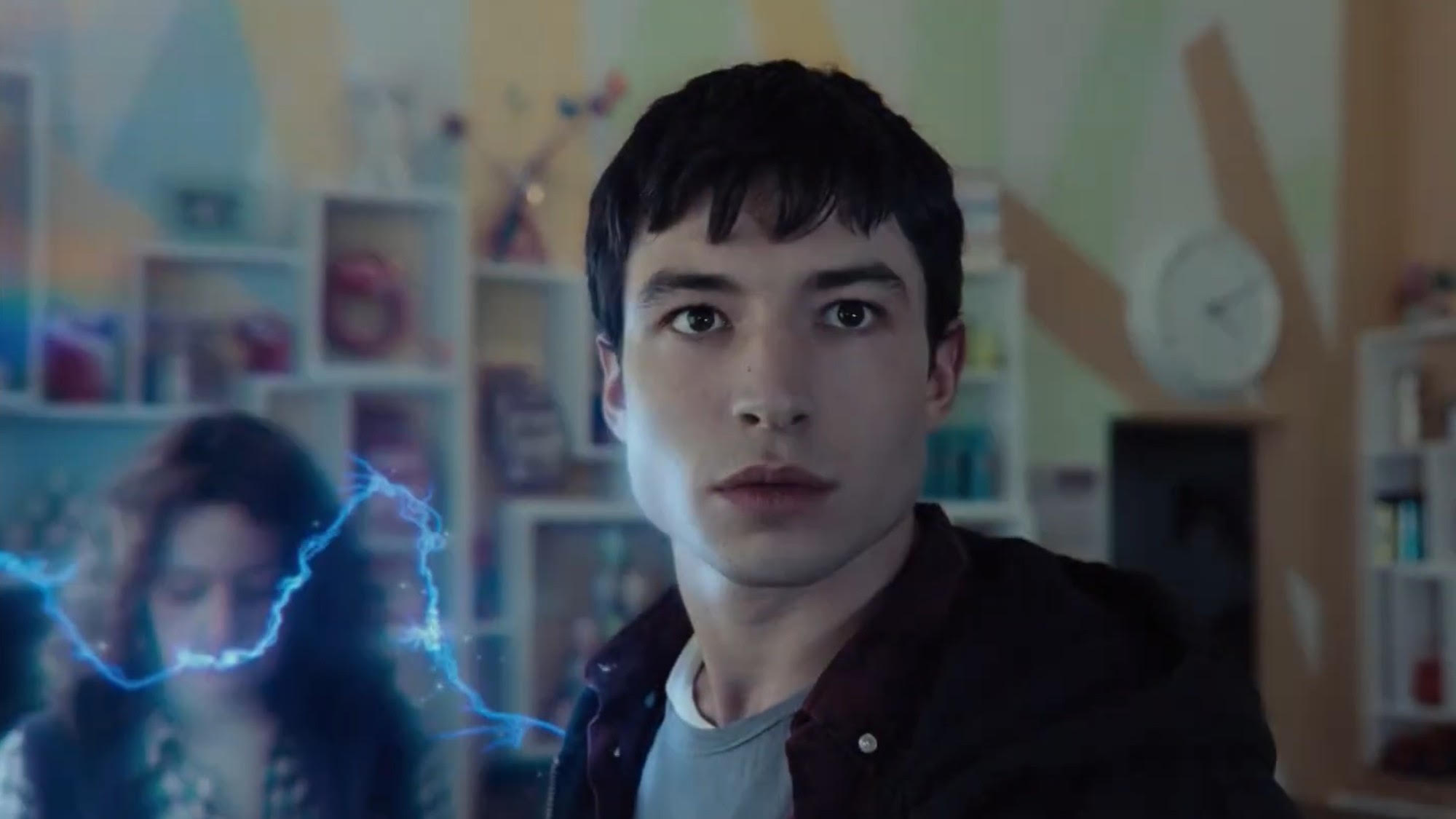 Ezra Miller with lightning behind him in Zack Snyder's Justice League