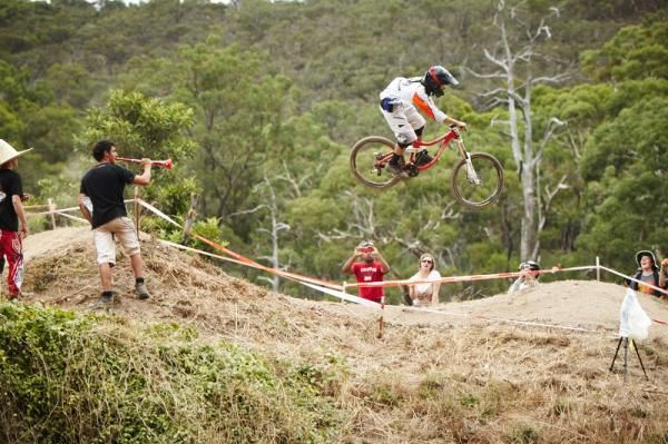Conor Fearon showing off his skills to the crowd during his win in the U19 Mens Downhill